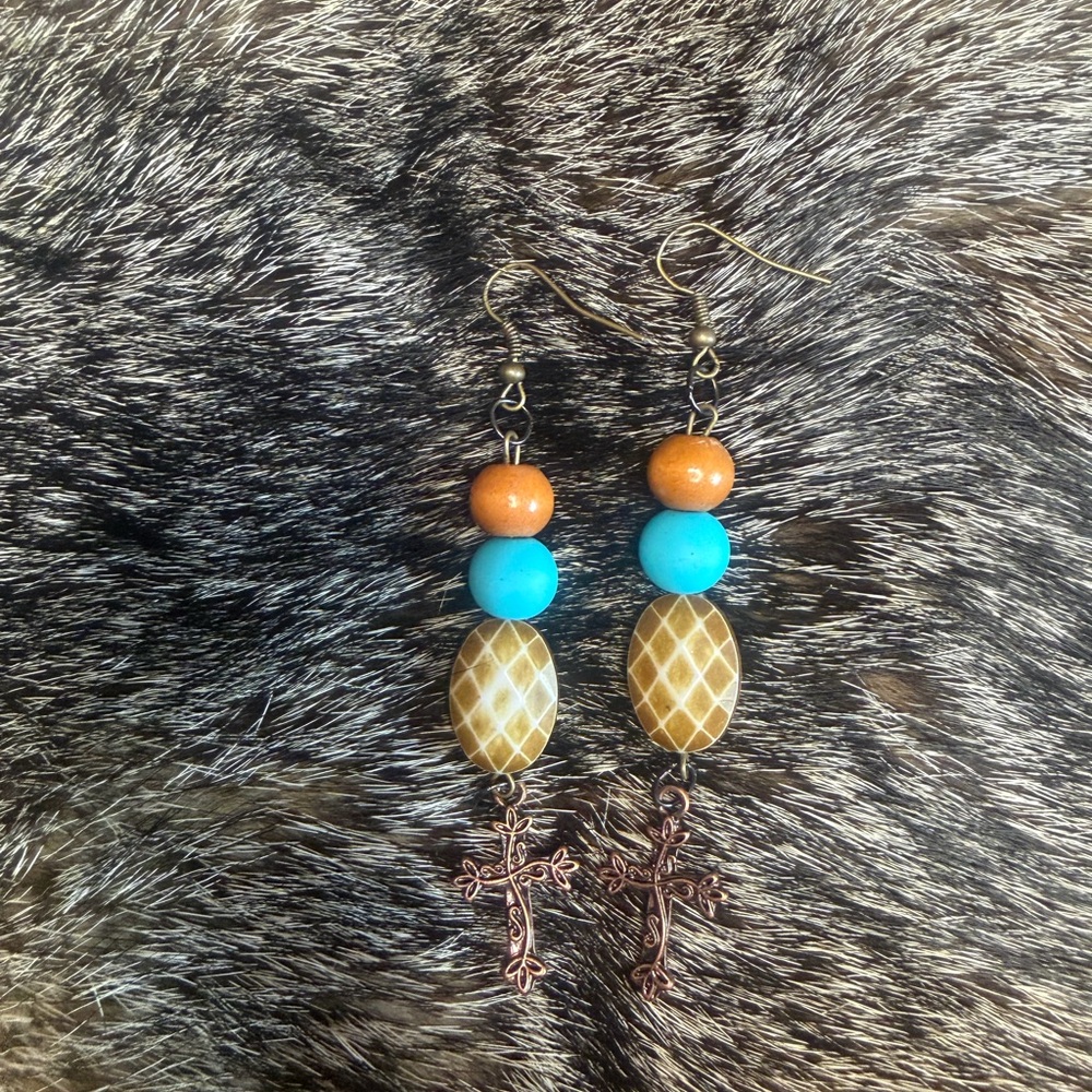 Bohemian Cross Dangle Earrings - Turquoise and Tan